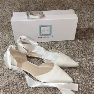 Kailee P White Satin Flats with Ribbon Tie